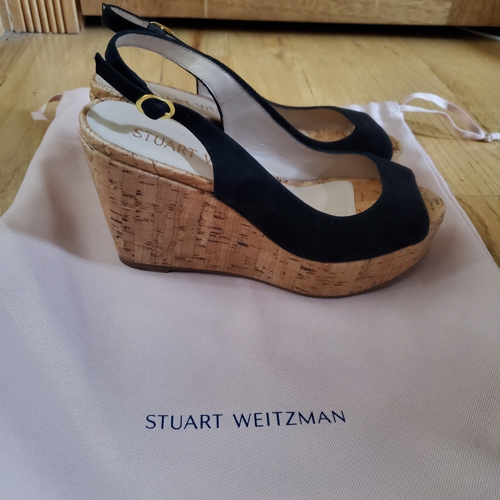 Stuart Weitzman Black and Tan Wedge Sandals
